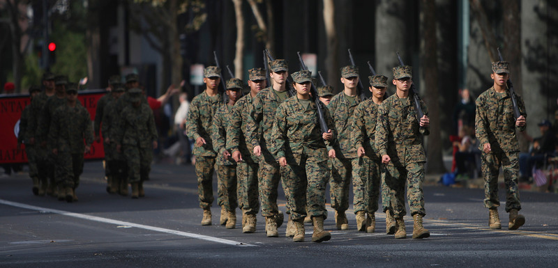 Soldiers march down Market Street during the 95th annual San Jose Veterans Day parade in San Jose, Calif. on Monday, Nov. 11, 2013. (Jim Gensheimer/Bay Area News Group)